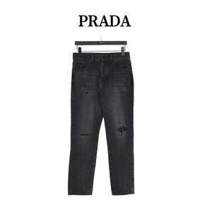 Prada 23Fw washed jeans with triangle logo and logo embroidery. L